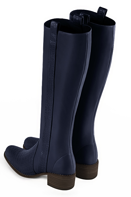 Navy blue women's riding knee-high boots. Round toe. Low leather soles. Made to measure. Rear view - Florence KOOIJMAN